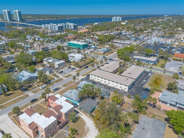 aerial view featuring a water view and a city view