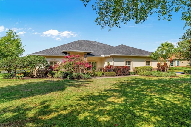 view of front of property with stucco siding and a front lawn