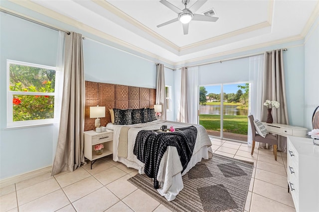 bedroom with crown molding, a water view, access to outside, and multiple windows