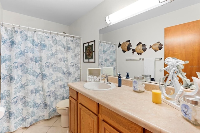 full bathroom with tile patterned floors, curtained shower, toilet, and vanity