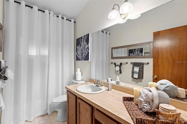 full bath with tile patterned floors, toilet, vanity, and a shower with curtain