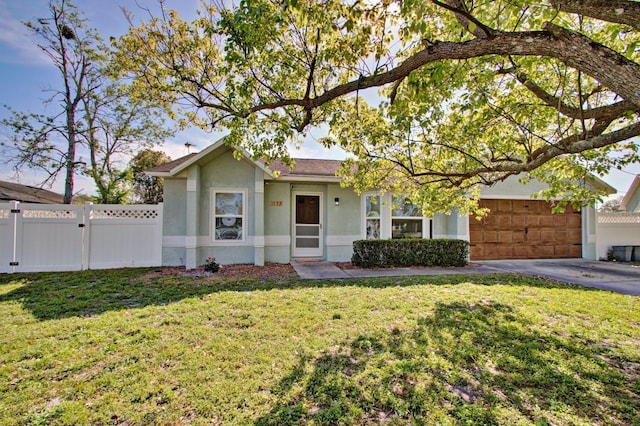 single story home with stucco siding, a front lawn, driveway, and fence