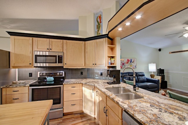 kitchen with a sink, stainless steel appliances, wood finished floors, and light brown cabinets