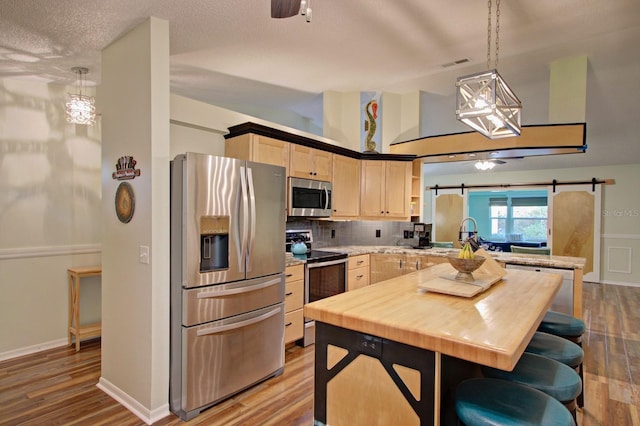 kitchen featuring wood finished floors, a ceiling fan, a peninsula, light brown cabinetry, and appliances with stainless steel finishes