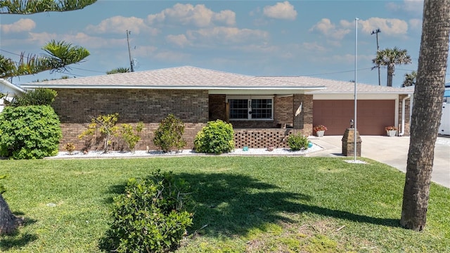 7 Kathy Dr, Ormond Beach, FL 32176 - ranch-style house with a garage, a front yard, brick siding, a shingled roof, and driveway