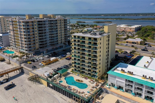 aerial view featuring a water view