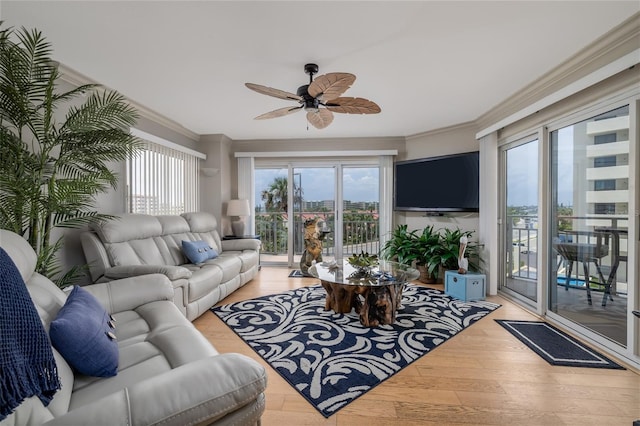 2967 S Atlantic Ave Unit 301, Daytona Beach Shores, FL 32118 - living area with a ceiling fan, healthy amount of natural light, crown molding, and light wood finished floors