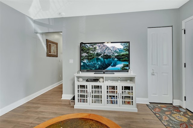 living area with baseboards and wood finished floors