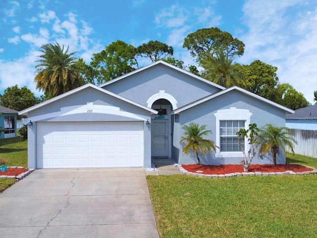 ranch-style home with a garage, concrete driveway, stucco siding, and a front lawn