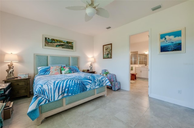 418 Aquamarine Way, Daytona Beach, FL 32124 - bedroom with baseboards, connected bathroom, visible vents, and ceiling fan