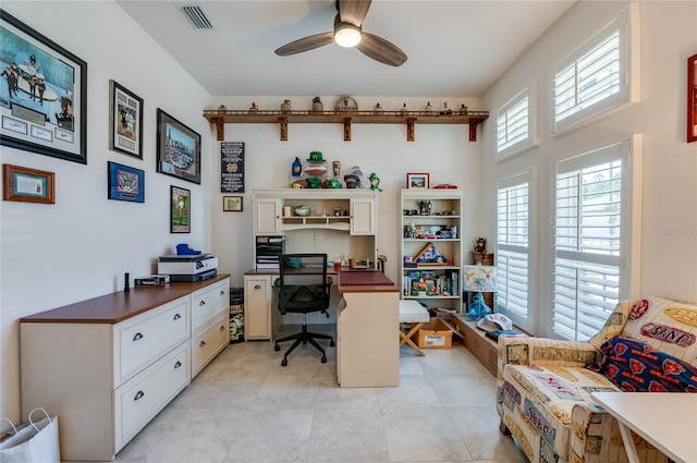 418 Aquamarine Way, Daytona Beach, FL 32124 - office area featuring ceiling fan, visible vents, and light tile patterned floors