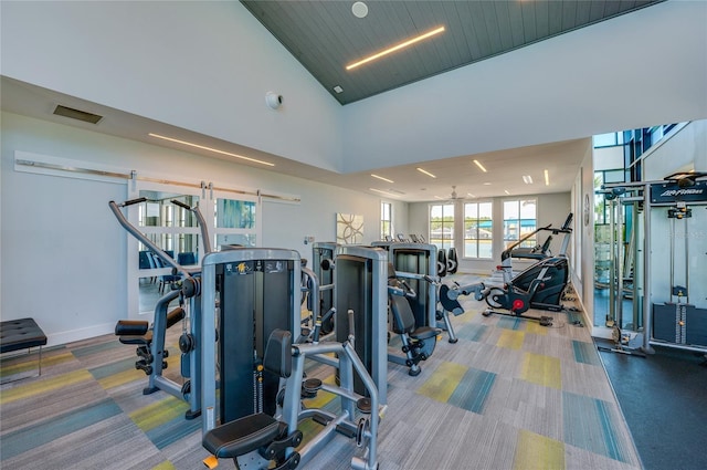418 Aquamarine Way, Daytona Beach, FL 32124 - exercise room with baseboards, visible vents, a high ceiling, and carpet