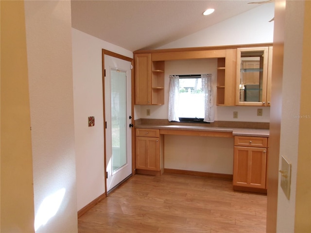 kitchen with open shelves, lofted ceiling, light wood-type flooring, baseboards, and recessed lighting
