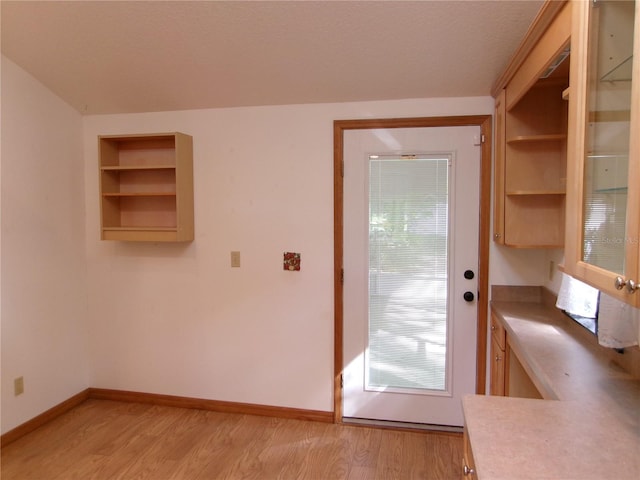 doorway to outside featuring baseboards and light wood-style flooring