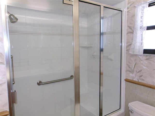full bathroom featuring toilet and a stall shower