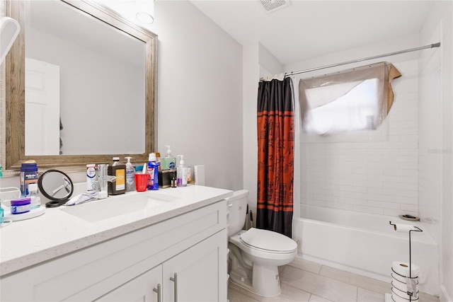 full bath featuring tile patterned floors, toilet, vanity, visible vents, and shower / bath combination with curtain
