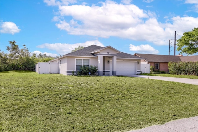 single story home with concrete driveway, stucco siding, a front yard, a gate, and a garage