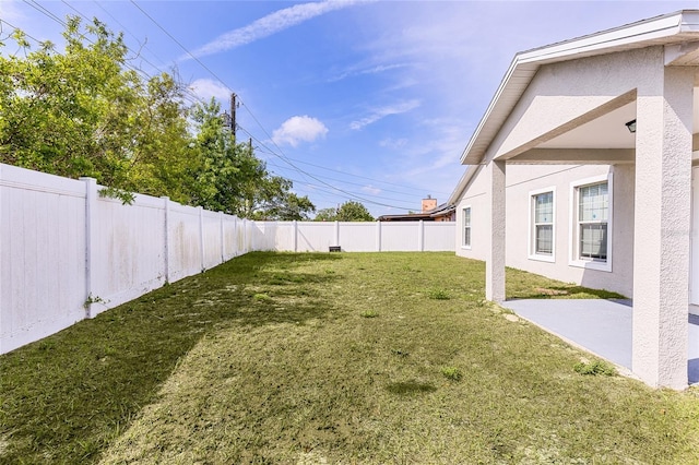 view of yard featuring a fenced backyard and a patio area