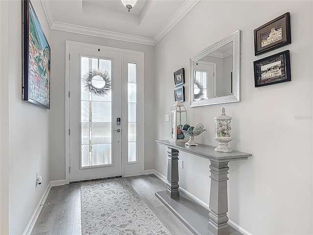 425 Wedgeworth Ln, Deland, FL 32724 - foyer entrance featuring baseboards, ornamental molding, wood finished floors, and a raised ceiling