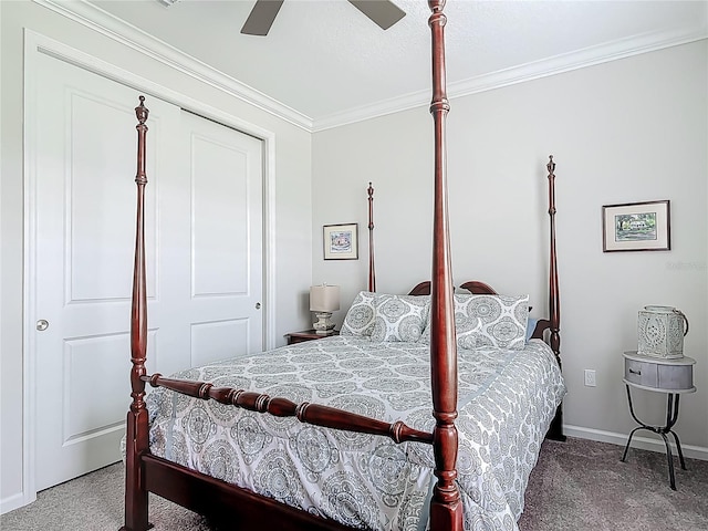 425 Wedgeworth Ln, Deland, FL 32724 - bedroom with a ceiling fan, carpet floors, ornamental molding, and baseboards