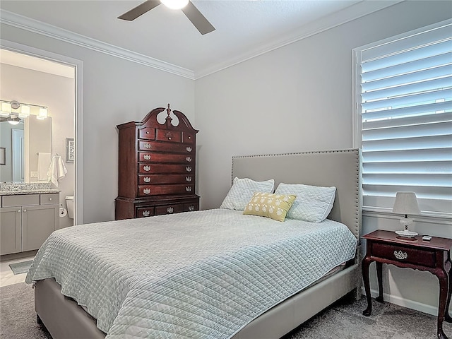 425 Wedgeworth Ln, Deland, FL 32724 - bedroom featuring ensuite bath, a ceiling fan, crown molding, and light carpet