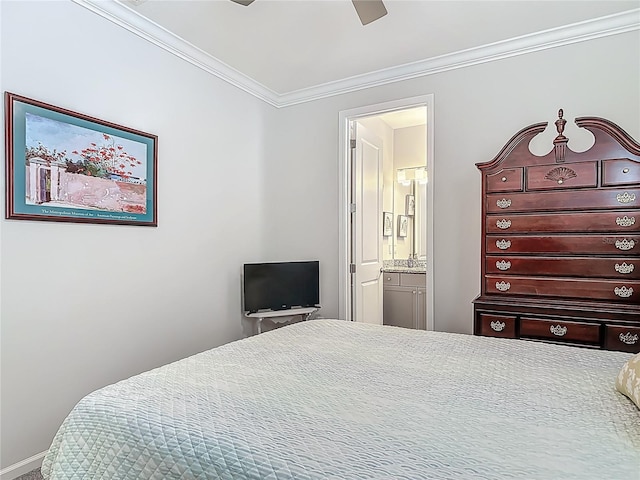 425 Wedgeworth Ln, Deland, FL 32724 - bedroom featuring connected bathroom, a ceiling fan, and crown molding