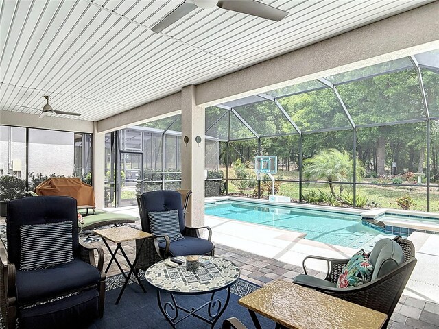 425 Wedgeworth Ln, Deland, FL 32724 - view of pool featuring glass enclosure, a pool with connected hot tub, a patio area, and a ceiling fan