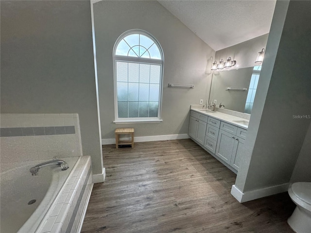 508 Tracey Dr, Panama City, FL 32404 - bathroom with a textured ceiling, vaulted ceiling, a sink, and wood finished floors