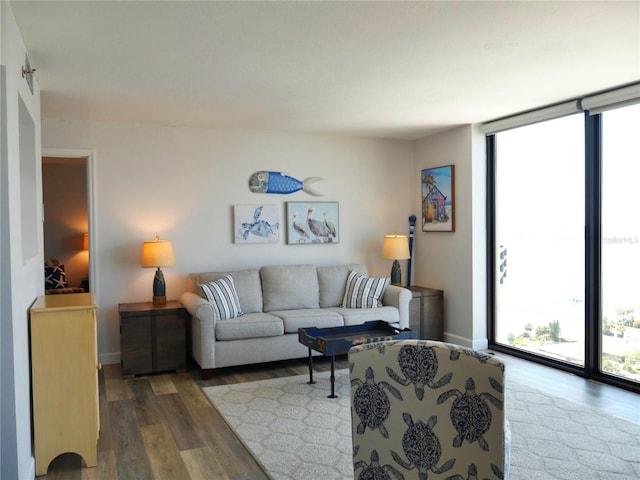 living room with baseboards and wood finished floors
