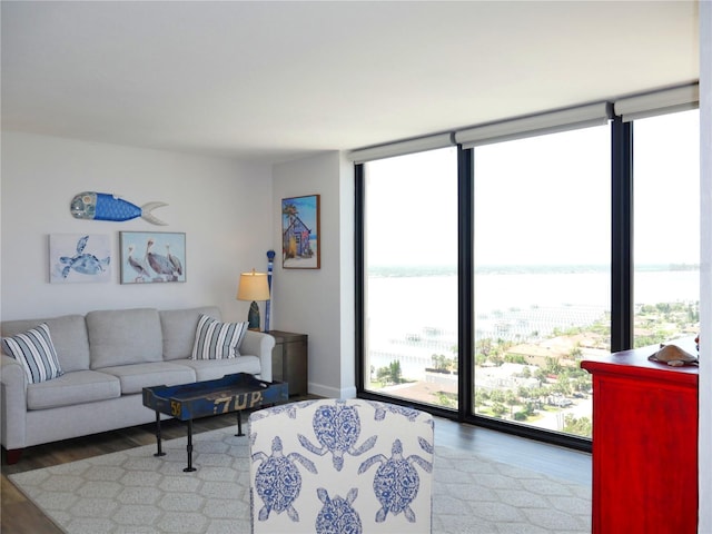 living room with a water view, floor to ceiling windows, and wood finished floors