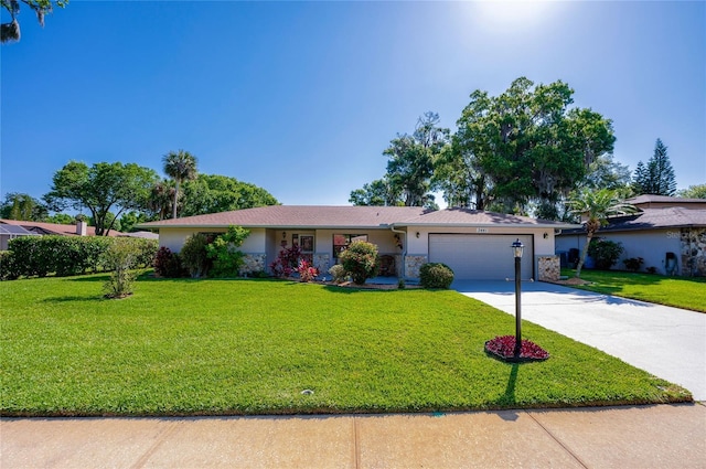 ranch-style house with concrete driveway, stone siding, an attached garage, a front yard, and stucco siding
