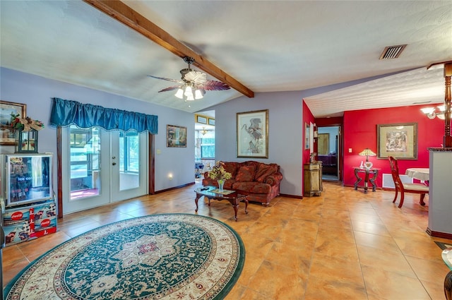tiled living area with baseboards, french doors, vaulted ceiling with beams, and visible vents