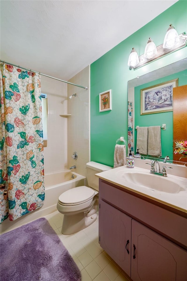 bathroom featuring shower / bath combo, toilet, tile patterned flooring, and vanity