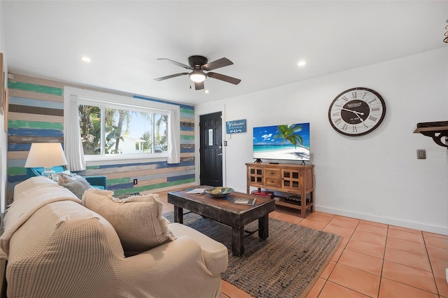 82 Margaret Rd, Ormond Beach, FL 32176 - living room with light tile patterned floors, baseboards, a ceiling fan, and recessed lighting