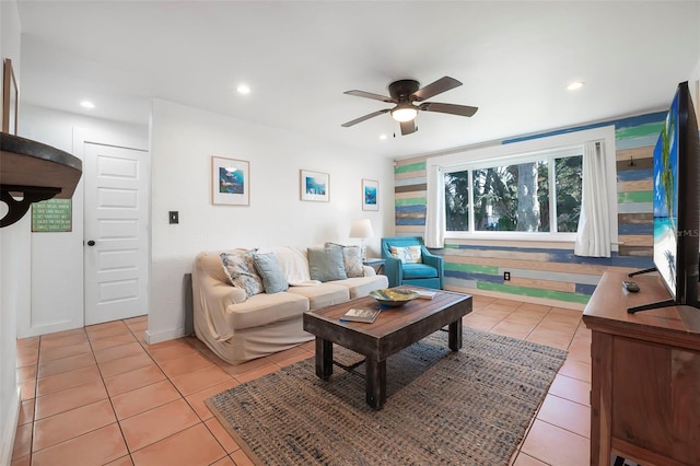82 Margaret Rd, Ormond Beach, FL 32176 - living room featuring light tile patterned flooring, a ceiling fan, and recessed lighting