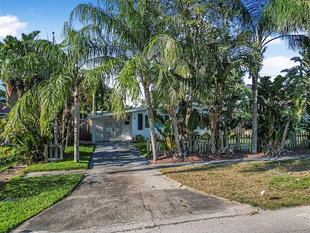 82 Margaret Rd, Ormond Beach, FL 32176 - view of property hidden behind natural elements with a carport, fence, and concrete driveway