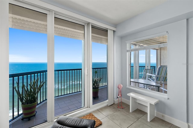 interior space featuring a water view