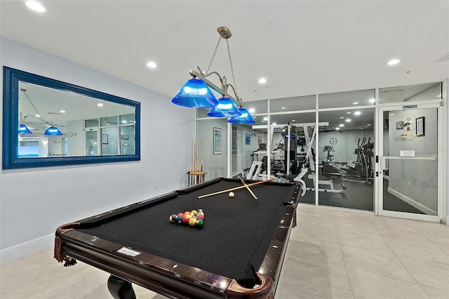 recreation room featuring billiards, recessed lighting, and baseboards