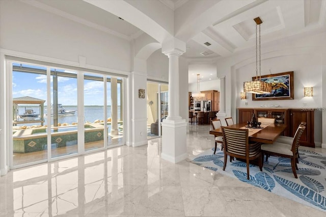 3310 John Anderson Dr, Ormond Beach, FL 32176 - dining area featuring a water view, decorative columns, marble finish floor, and a high ceiling