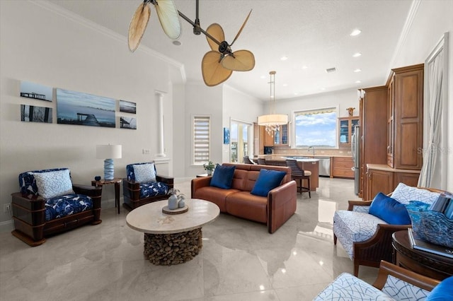 3310 John Anderson Dr, Ormond Beach, FL 32176 - living room with ornate columns, ornamental molding, a ceiling fan, visible vents, and recessed lighting