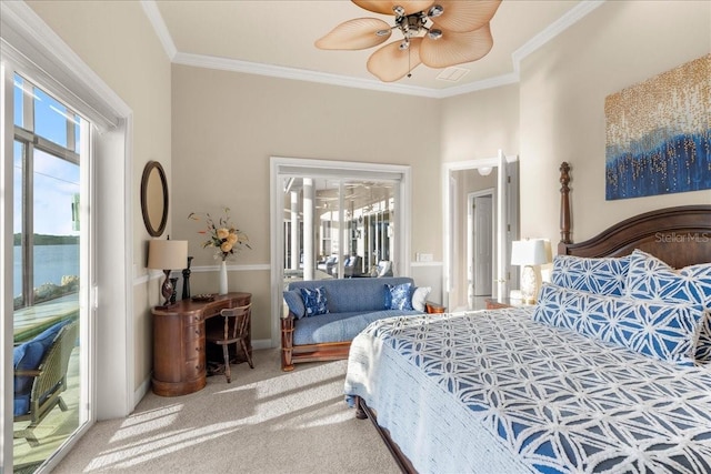 3310 John Anderson Dr, Ormond Beach, FL 32176 - bedroom featuring crown molding, a ceiling fan, access to exterior, carpet flooring, and baseboards