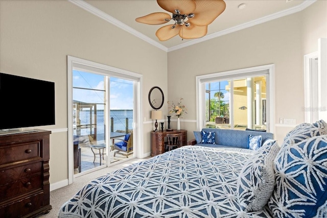 3310 John Anderson Dr, Ormond Beach, FL 32176 - bedroom featuring access to outside, baseboards, ornamental molding, a ceiling fan, and carpet floors