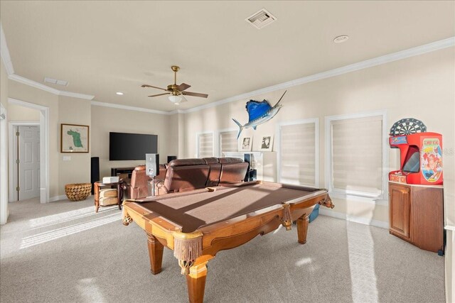 3310 John Anderson Dr, Ormond Beach, FL 32176 - playroom featuring visible vents, a ceiling fan, light colored carpet, and pool table