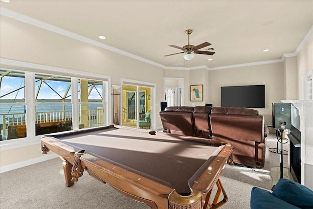 3310 John Anderson Dr, Ormond Beach, FL 32176 - playroom featuring billiards, a ceiling fan, carpet, and baseboards