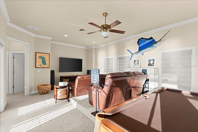 3310 John Anderson Dr, Ormond Beach, FL 32176 - interior space with crown molding, visible vents, a ceiling fan, and recessed lighting