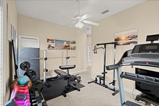 3310 John Anderson Dr, Ormond Beach, FL 32176 - workout area with visible vents, baseboards, a ceiling fan, and carpet floors