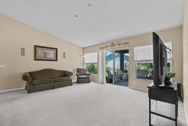 carpeted living area with baseboards, a textured ceiling, and vaulted ceiling