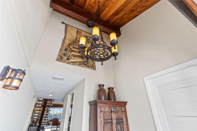 761 Marina Point Dr Unit 7610, Daytona Beach, FL 32114 - interior details with visible vents, wooden ceiling, a notable chandelier, and beamed ceiling