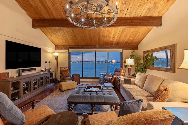 761 Marina Point Dr Unit 7610, Daytona Beach, FL 32114 - living room featuring beam ceiling, a notable chandelier, wood finished floors, and wood ceiling