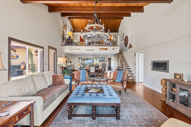 761 Marina Point Dr Unit 7610, Daytona Beach, FL 32114 - living area with wooden ceiling, an inviting chandelier, and stairway